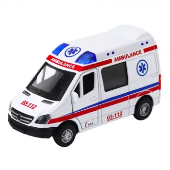LEAN TOYS Ambulance Metal Pull Back Motorized Lights Sounds White 1:32