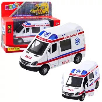 LEAN TOYS Ambulance Metal Pull Back Motorized Lights Sounds White 1:32