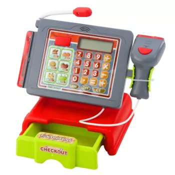 LEAN TOYS Kases aparāts bērniem ar grozu, augļiem, gaismām un skaņām, sarkans