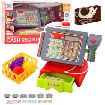 LEAN TOYS Kases aparāts bērniem ar grozu, augļiem, gaismām un skaņām, sarkans