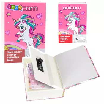 LEAN TOYS Hidden Book Piggy Bank Safe Code Unicorn Pink