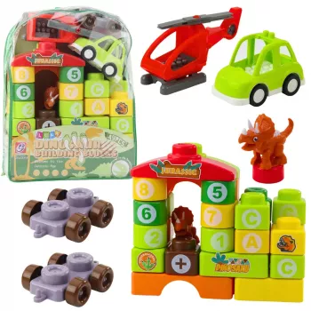 LEAN TOYS Izglītojošie konstruktora klucīši mugursomā Dinozauri Cipari Burti 49 gab.