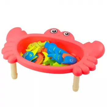 LEAN TOYS Makšķerēšanas komplekts: Krabja galds, 10 zivis, makšķere, sietiņš, rozā