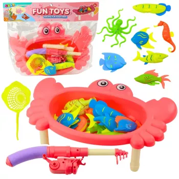 LEAN TOYS Makšķerēšanas komplekts: Krabja galds, 10 zivis, makšķere, sietiņš, rozā