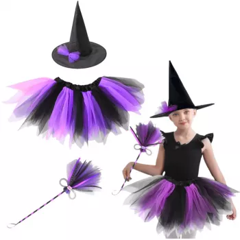 LEAN TOYS Witch Costume Hat Skirt Broom Purple and Black Costume