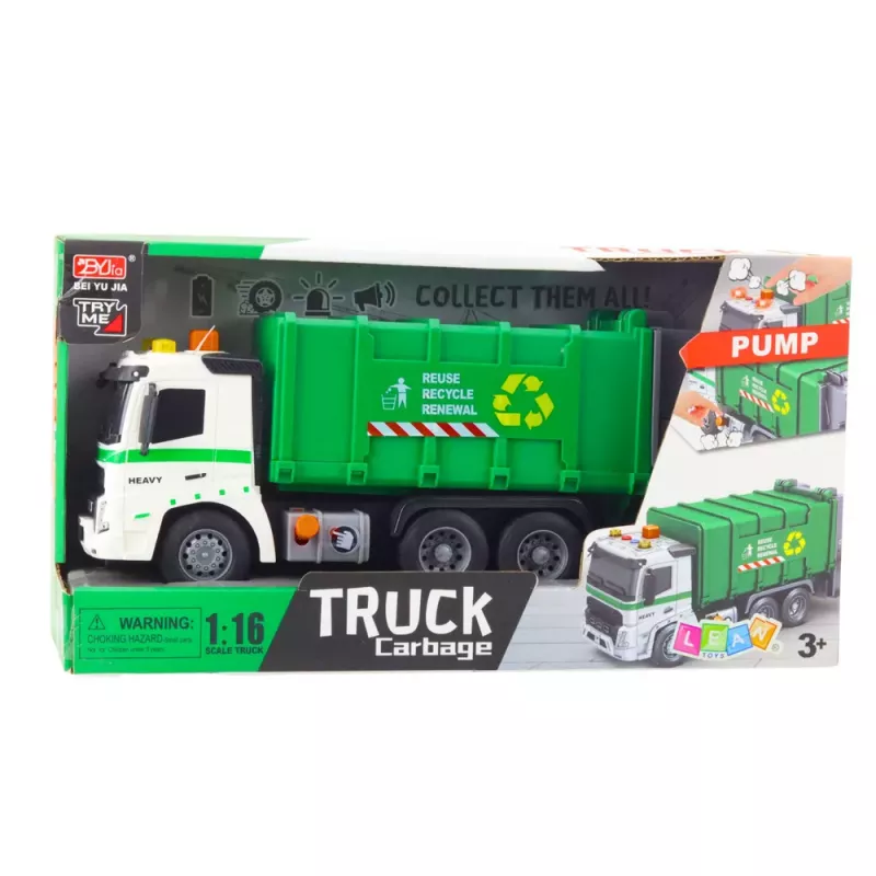 LEAN TOYS Atkritumu Vedējs ar Atkritumu Tvertni, Gaismām un Skaņām, Zaļš, Mērogs 1:16