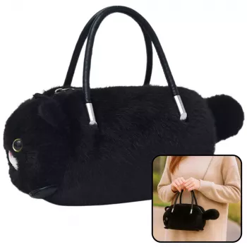 LEAN TOYS Plush Cat-Shaped Handbag with Chain Handles, Black