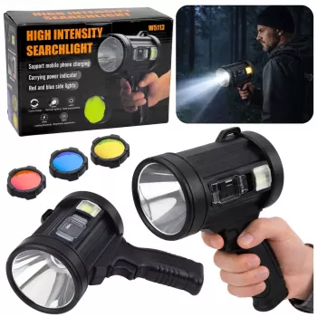 LEAN LED Solar Searchlight Flashlight 6 Modes Powerbank Interchangeable Filters