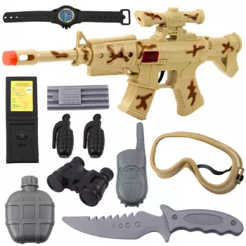 LEAN TOYS Militārais šautenes komplekts ar piederumiem, šāviena skaņu, smilšu krāsā