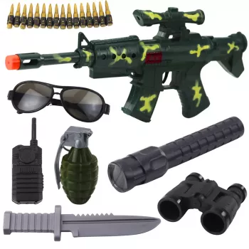 LEAN TOYS Militārā šautenes komplekts ar piederumiem un šāviena skaņu Khaki