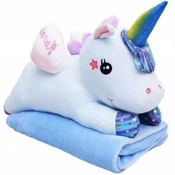 LEAN TOYS Plush Unicorn Cuddly Toy with Blanket 160x110cm Blue 55cm