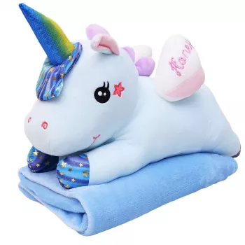 LEAN TOYS Plush Unicorn Cuddly Toy with Blanket 160x110cm Blue 55cm