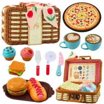 LEAN TOYS Piknika grozs ar pīto klūgu pinumu un piederumiem 33 gab.