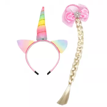 LEAN TOYS Set of Unicorn Headband with Braid and Pastel Bow
