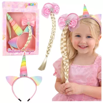 LEAN TOYS Set of Unicorn Headband with Braid and Pastel Bow