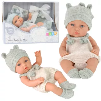 LEAN TOYS Baby Doll, Gray Outfit, Hat, Bib, 18 cm