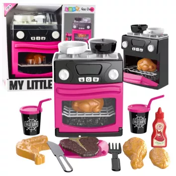 LEAN TOYS Play Kitchen ar Cepeškrāsni, Pārtiku, Gaismām, Skaņām, Rozā