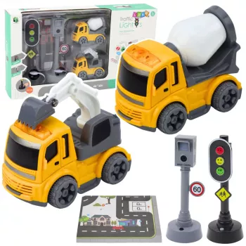 LEAN TOYS Ceļu satiksmes komplekts ar luksoforu, ātruma kameru, paklāju, celtniecības mašīnām, gaismām un skaņām