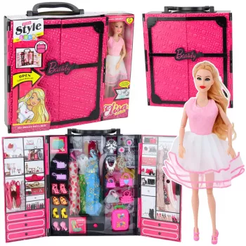 LEAN TOYS Pink Wardrobe Set for Dolls, Dresses, Shoes, Accessories