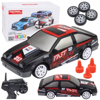 LEAN TOYS RC Coupe Remote Control Drift Car with Interchangeable Wheels Black 1:24