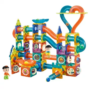 LEAN TOYS Magnētisko bloku komplekts ar bumbiņu trasi un slidkalniņu, 188 gab.