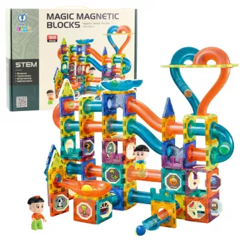 LEAN TOYS Magnētisko bloku komplekts ar bumbiņu trasi un slidkalniņu, 188 gab.