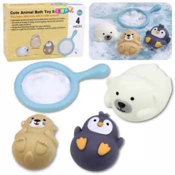 LEAN TOYS Bath Toys Set Fishing Rubber Animals Pastel Strainer 4 pcs.