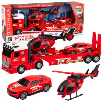 LEAN TOYS Firefighter Rescue Set ar Ugunsdzēsēju Auto, Edevēju, Helikopteru, Vieglauto, Gaismu un Skaņu