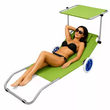 LEAN Folding Garden Beach Deckchair on Wheels with Aluminum Canopy Green