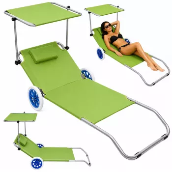 LEAN Folding Garden Beach Deckchair on Wheels with Aluminum Canopy Green