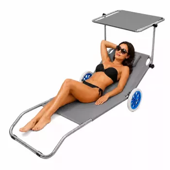 LEAN Garden Beach Deckchair on Wheels with Folding Canopy, Aluminum, Gray