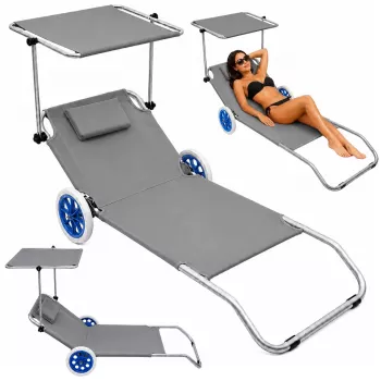 LEAN Garden Beach Deckchair on Wheels with Folding Canopy, Aluminum, Gray