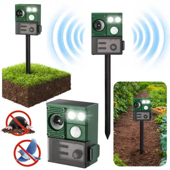 LEAN Solar Animal Repeller ar kustības sensoru, ultraskaņu un LED diodēm