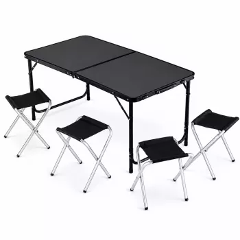 LEAN Camping Furniture Set Folding Table 4 Stools Black Suitcase