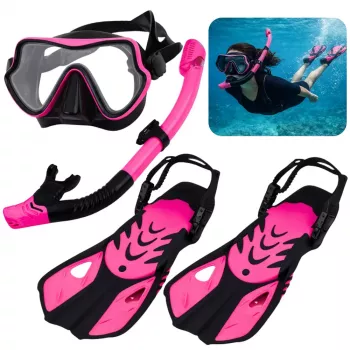 LEAN TOYS Snorkeling Set Fins Glasses Snorkel Black and Pink S/M