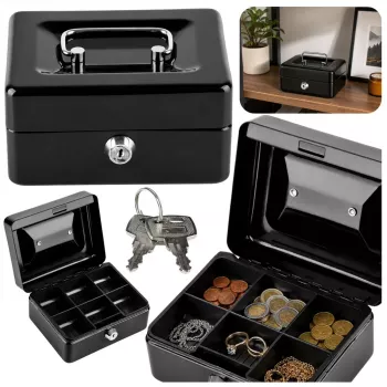 LEAN Small Metal Money Box Safe with Key Lock Black 13x10 cm
