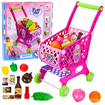 LEAN TOYS Large Shopping Cart For Children Grocery Products Pink 52cm 46 pcs