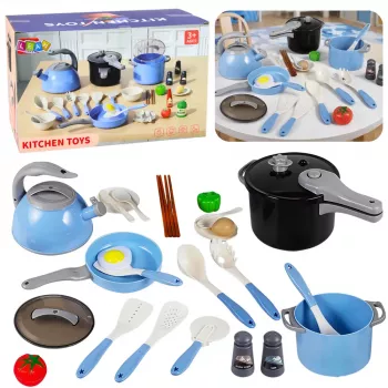 LEAN TOYS Virtuves piederumu komplekts Podi Cepamā panna Tējkanna Piederumi Zils 32 gab.