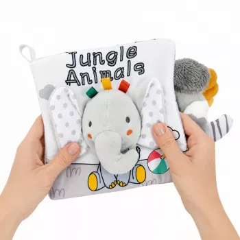 LEAN TOYS Mīkstā sensorā grāmatiņa ar šalkojošu un čīkstošu ziloni, pelēka