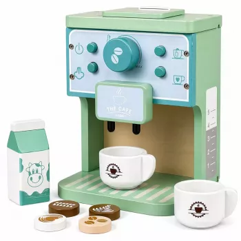 LEAN TOYS Koka kafijas automāta komplekts ar krūzītēm, pienu un aksesuāriem bērniem