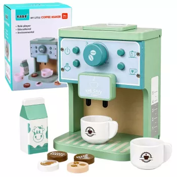 LEAN TOYS Koka kafijas automāta komplekts ar krūzītēm, pienu un aksesuāriem bērniem