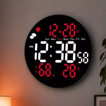 LEAN Digital LED Wall Clock Date Temperature Humidity Alarm Remote Control 25 cm