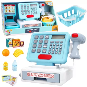 LEAN TOYS Interactive Cash Register Scanner Basket Food Products Lights Sounds