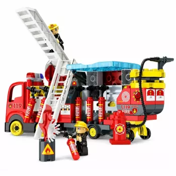 LEAN TOYS Foldable Fire Truck Building Blocks Set ar ugunsdzēsēju figūrām, gaismām un skaņām, 94 detaļas