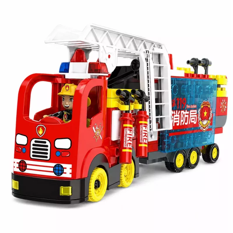 LEAN TOYS Foldable Fire Truck Building Blocks Set ar ugunsdzēsēju figūrām, gaismām un skaņām, 94 detaļas