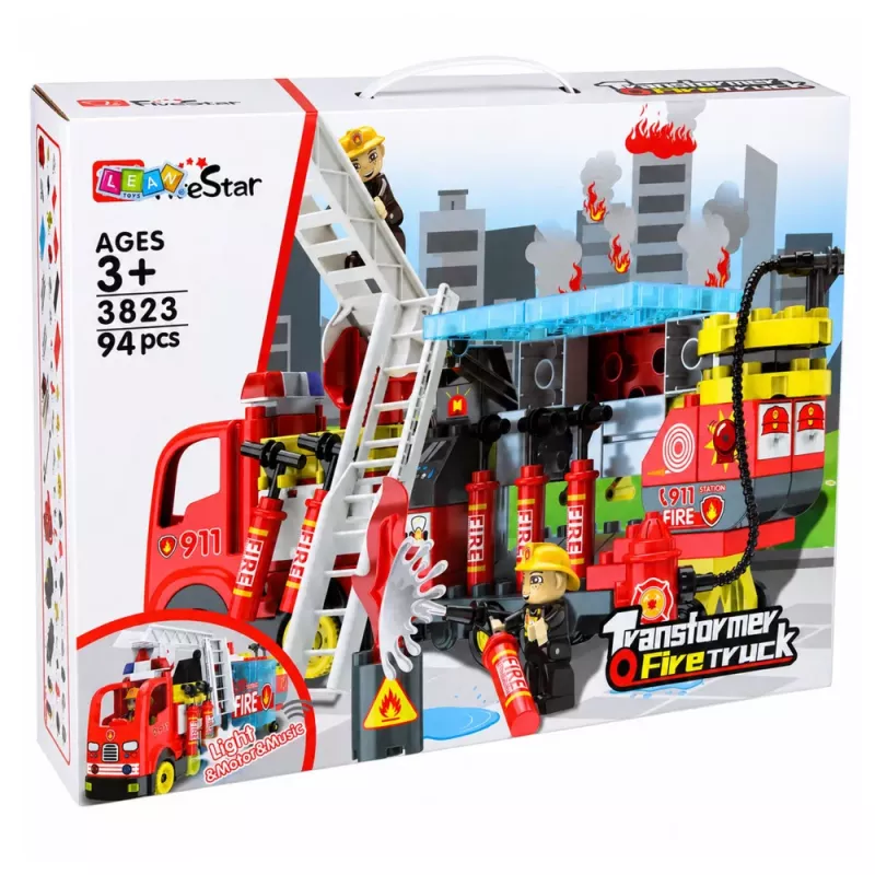 LEAN TOYS Foldable Fire Truck Building Blocks Set ar ugunsdzēsēju figūrām, gaismām un skaņām, 94 detaļas