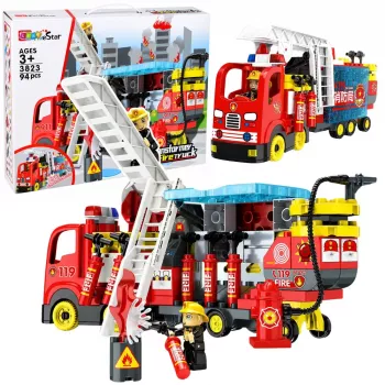 LEAN TOYS Foldable Fire Truck Building Blocks Set ar ugunsdzēsēju figūrām, gaismām un skaņām, 94 detaļas