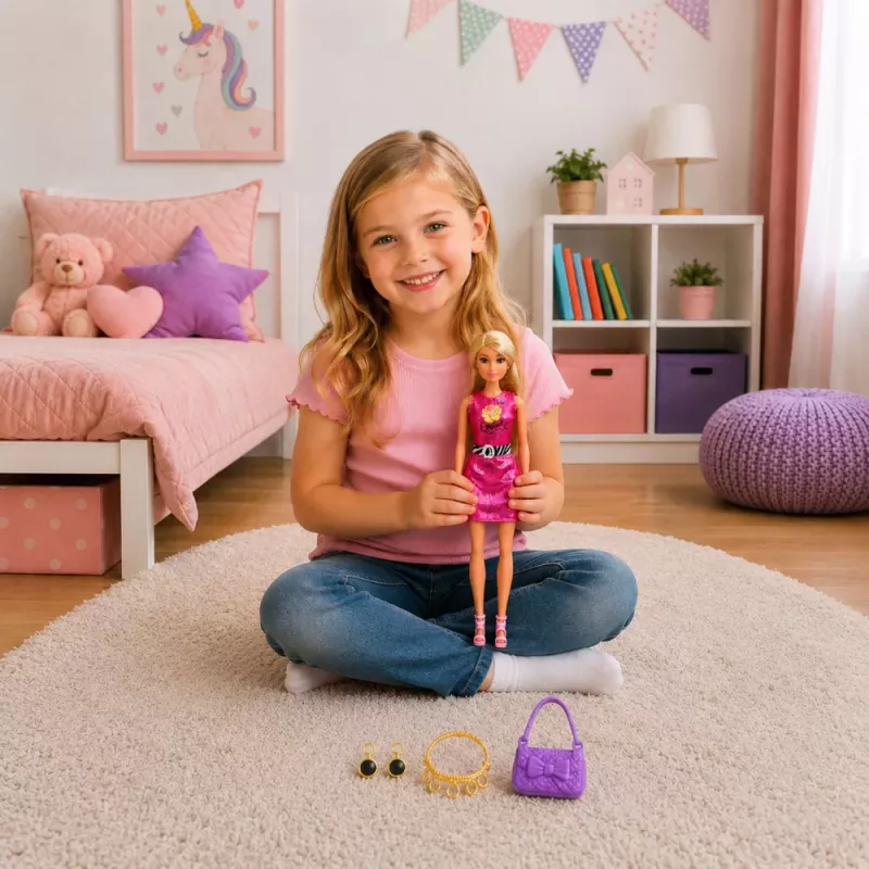 LEAN TOYS Anlily lelle rozā kleitā ar somiņu, rotaslietām un aksesuāriem