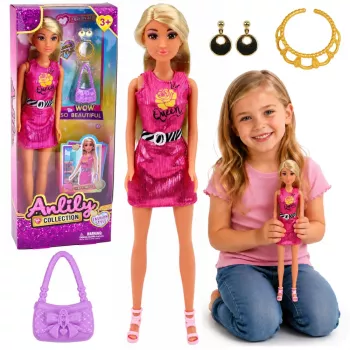 LEAN TOYS Anlily lelle rozā kleitā ar somiņu, rotaslietām un aksesuāriem