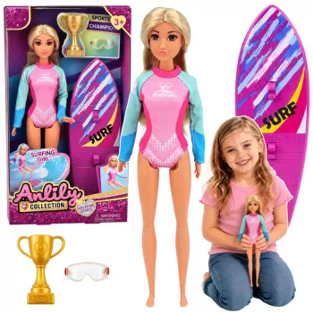LEAN TOYS Anlily Sērfotāja Lele Hidrotērpā ar Sērfinga Dēļa Piederumu Komplektu